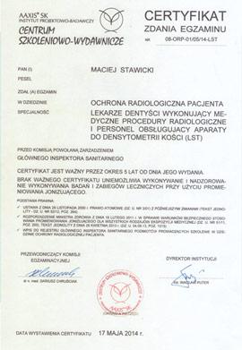 certyfikat - Poradnia Stomatologiczna 'OPDENT'